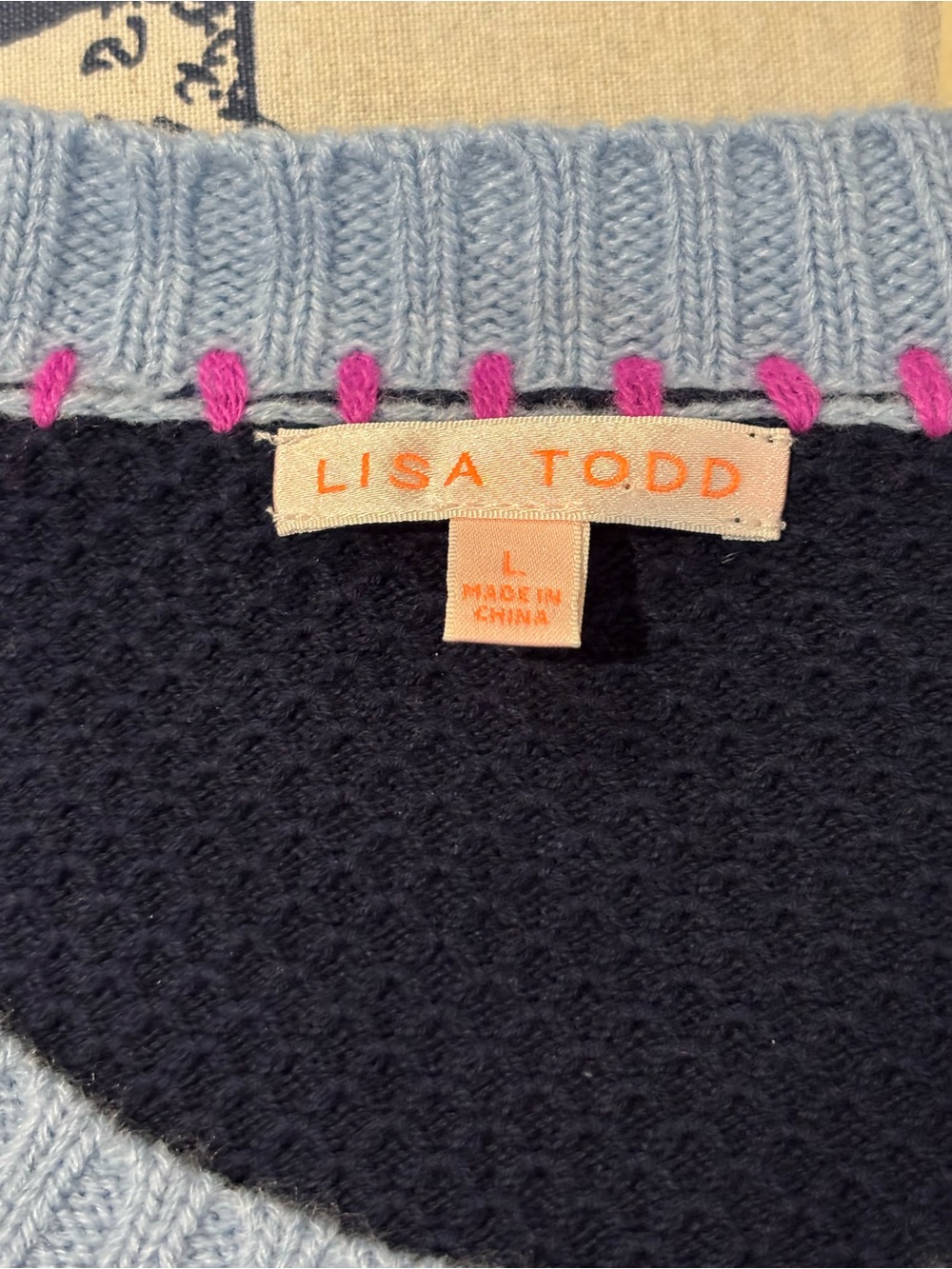 Lisa Todd Navy Crewneck Sweater with Blue, Pink & Neon Green Trim - Picture 4 of 5